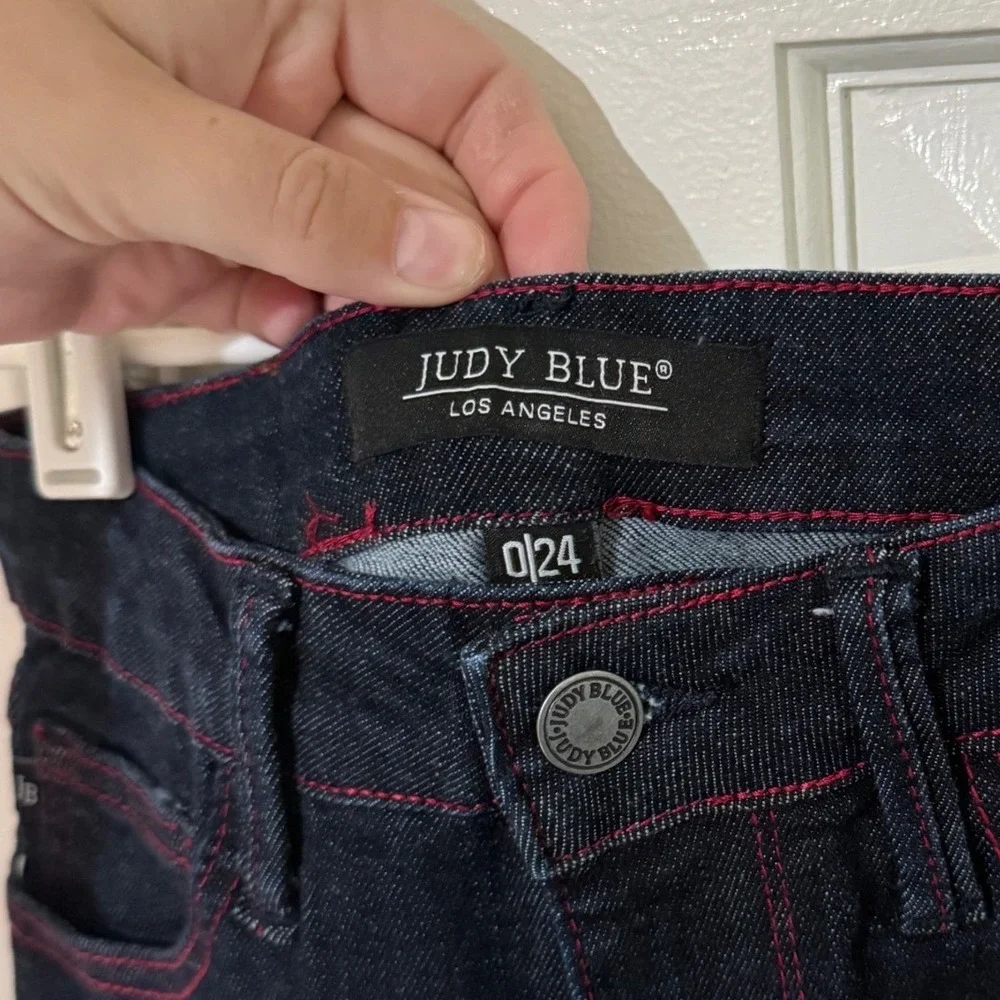 Judy‎ Blue Skinny Jeans Indigo Red Contrast Stitch Heart Pockets Size 0/24